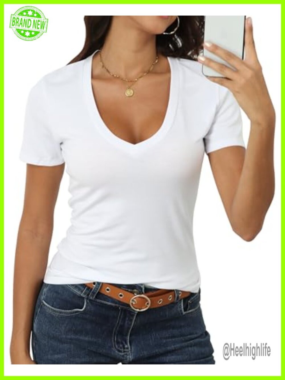 Women's Fitted Deep V Neck Short Sleeve Cotton Modal Tee Summer T-Shirt